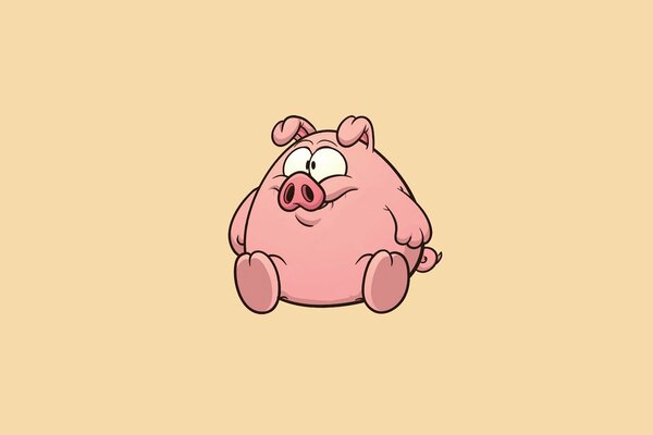 There is a pink smiling pig on a light background