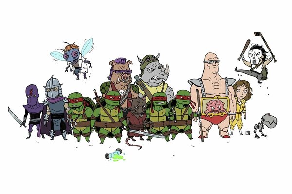 The whole company of the cartoon teenage mutant Ninja turtles