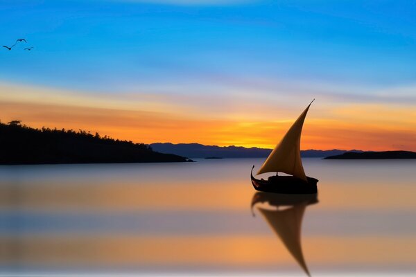 Barco en el fondo de una puesta de sol ardiente