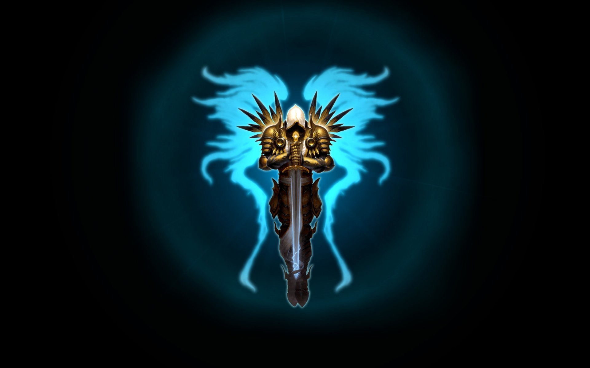 art diablo 3 tyrael wings sword dark background