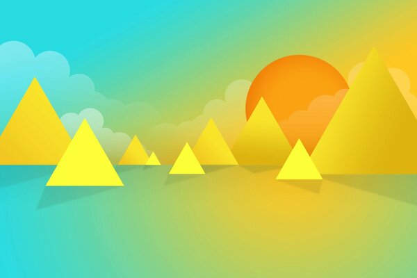 Imagen vectorial, triángulos amarillos contra el fondo del sol naranja