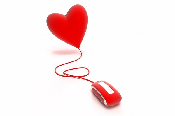 Ein Bild, eine rote Computermaus, deren Kabel in ein rotes Herz führt
