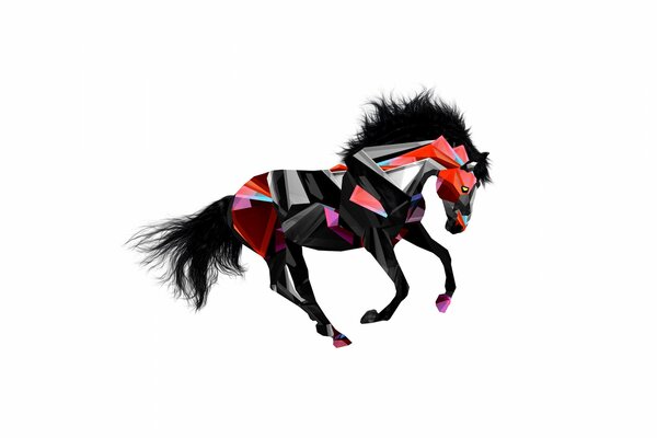 Geometric abstraction of red and black color in an animal. A horse with a black tail and mane