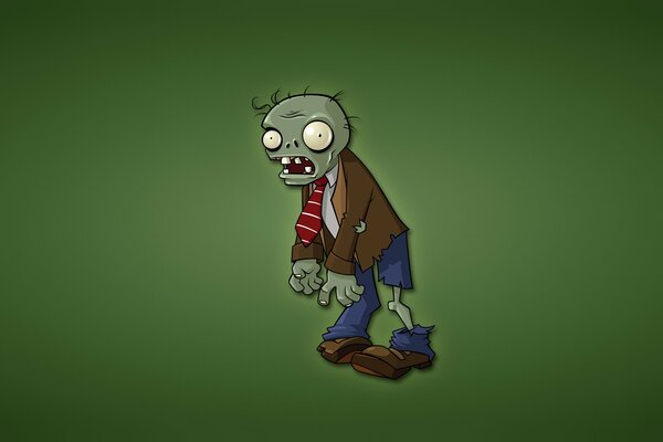 Zombie z gry plants vs. zombies na zielonym tle. Zombie z czerwonym krawatem w podartych ubraniach