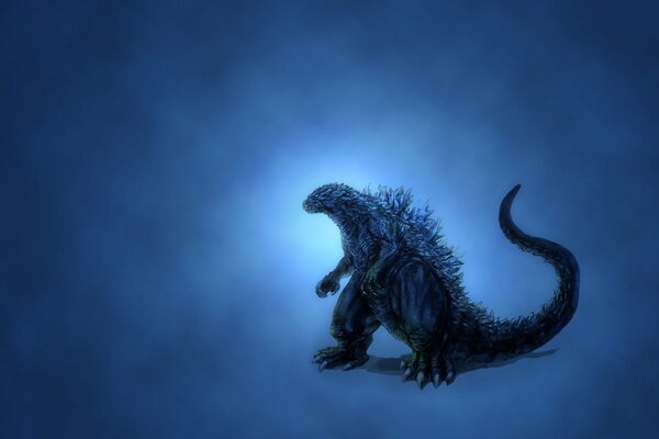 Godzilla with backlight on a blue background