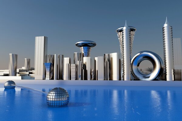 Vue panoramique 3D de la ville futuriste métallique
