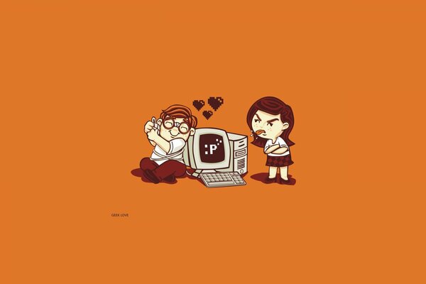 Amore tra ragazzo e ragazza sullo sfondo del computer