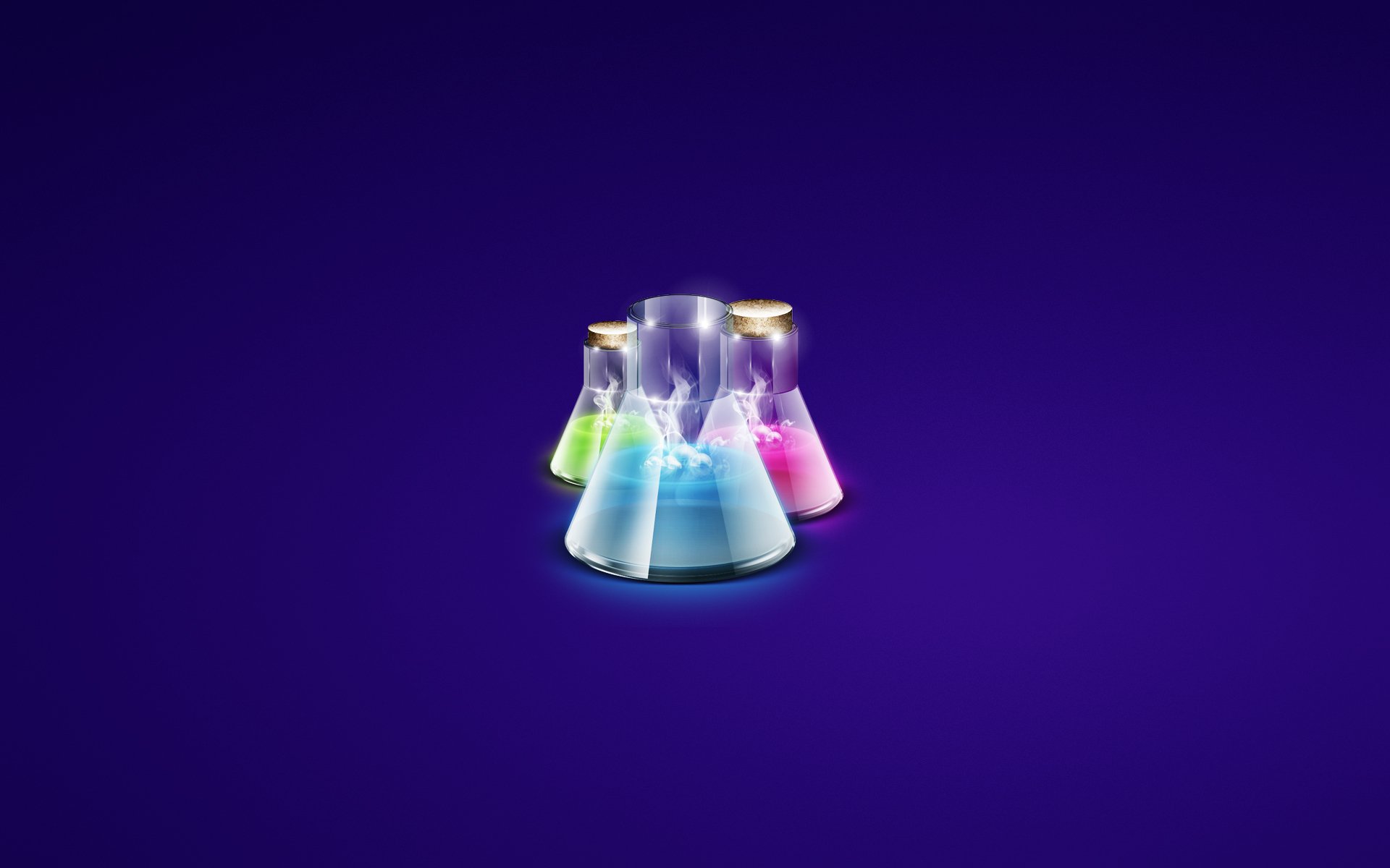 laboratory bulb chemistry dark background purple bluish glass three green red tube chemicals bubbles smoke potion tableware minimalism of the bottle