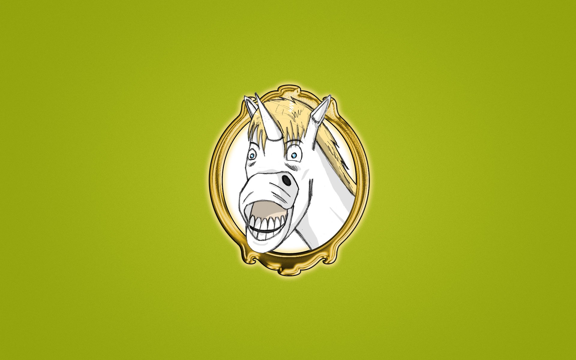 licorne portrait sourire cheval blanc fond vert clair minimalisme museau drôle