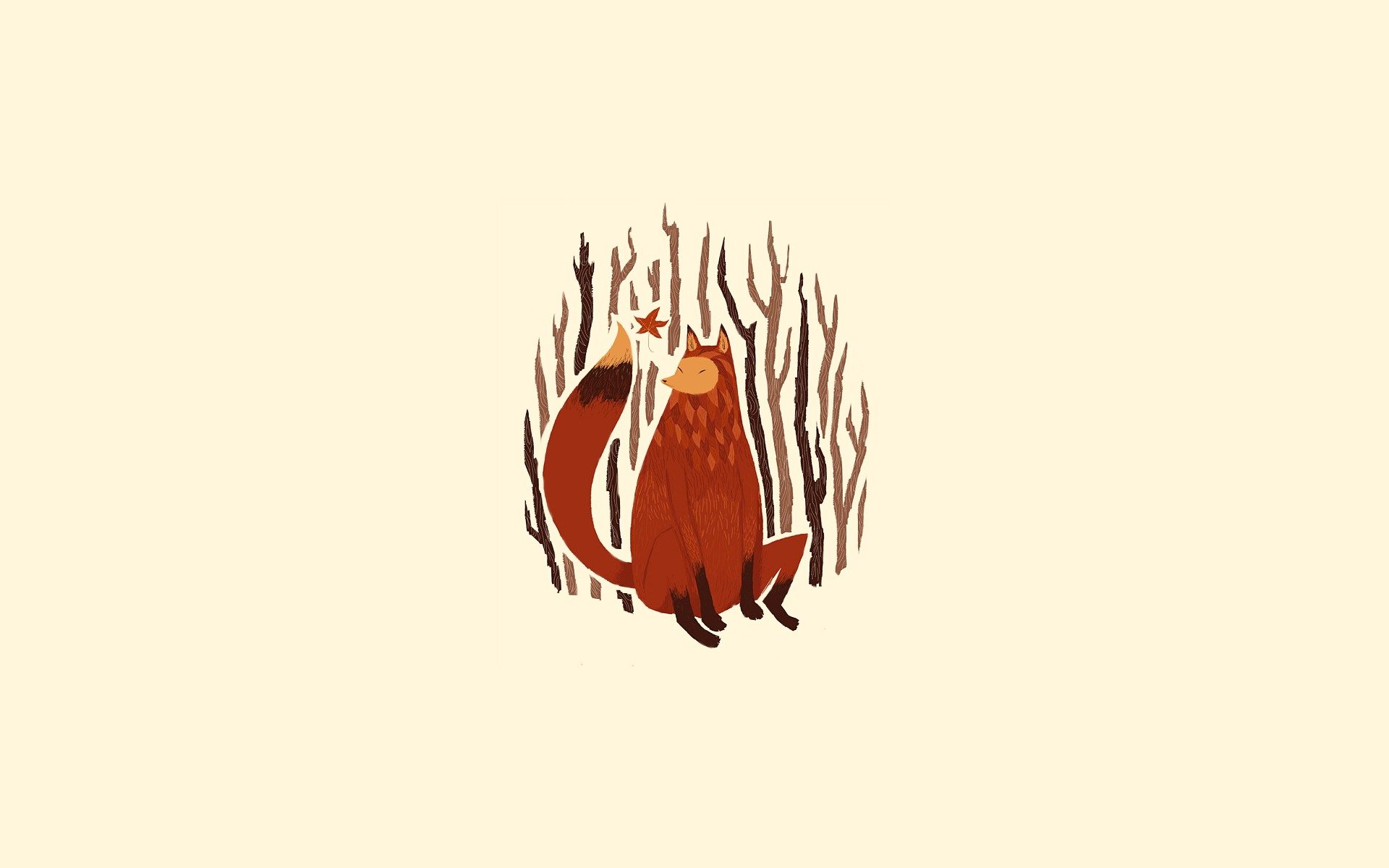 fox minimalism drawing illustration trees branches twigs red tail