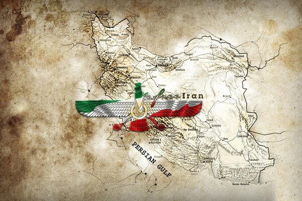 Map of Iran with farvahar flag