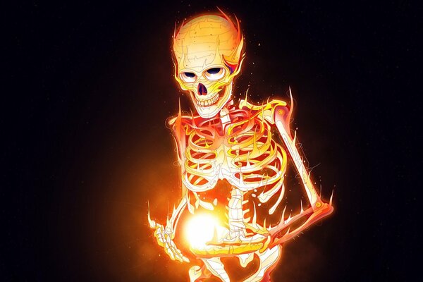 Picture of a skeleton with fire in his hands