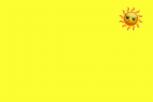 On a yellow background, the sun with glasses