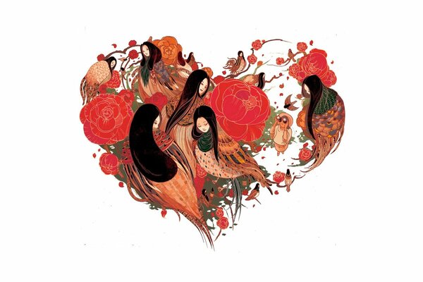 Женщины-птицы и цветы в форме сердца в японском стиле