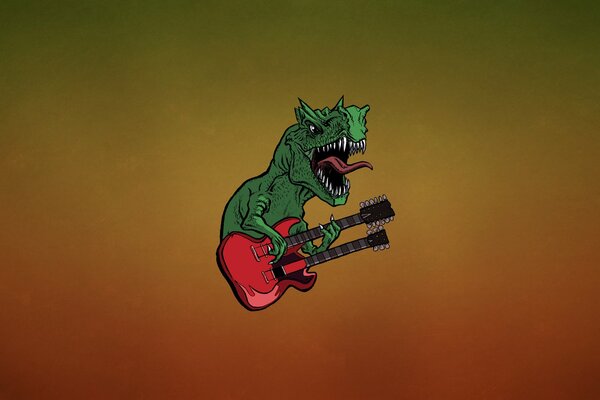 A green dinosaur with a red guitar