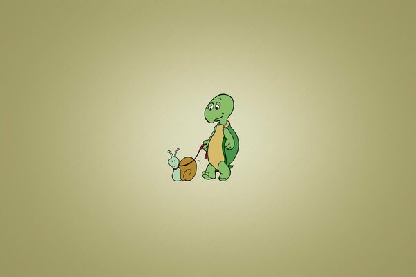 A turtle walks a snail on a leash