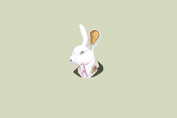 A white rabbit in a gray jacket with a pink tie