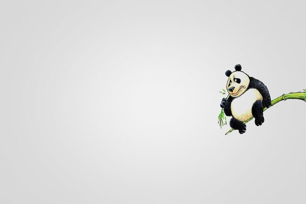 Panda on a branch on a white background in the style of minimalism