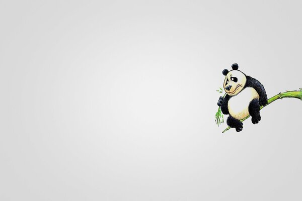 Panda su un ramo su sfondo bianco in stile minimalista