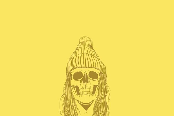 Schädel in Mütze auf gelbem Hintergrund
