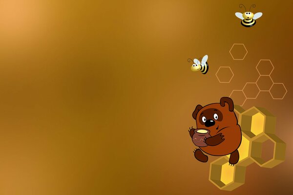 Winnie the Pooh mit Bienen und einem Glas Honig