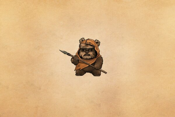 Furry ewok with a spear on a solid background