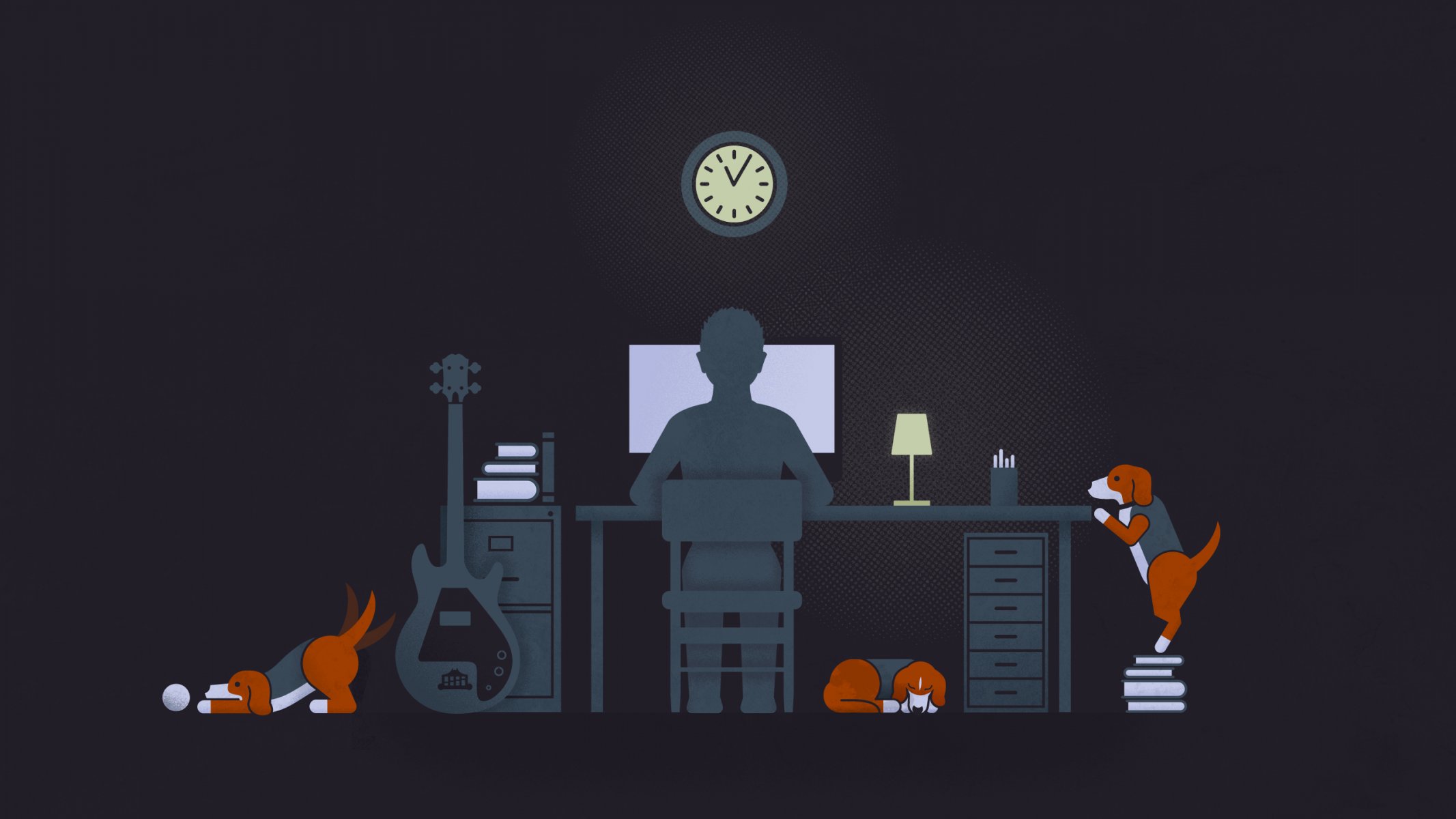 ragazzo chitarra cani scrivania computer nero illustrazione solitudine lampada cani scrivania lampada orologio