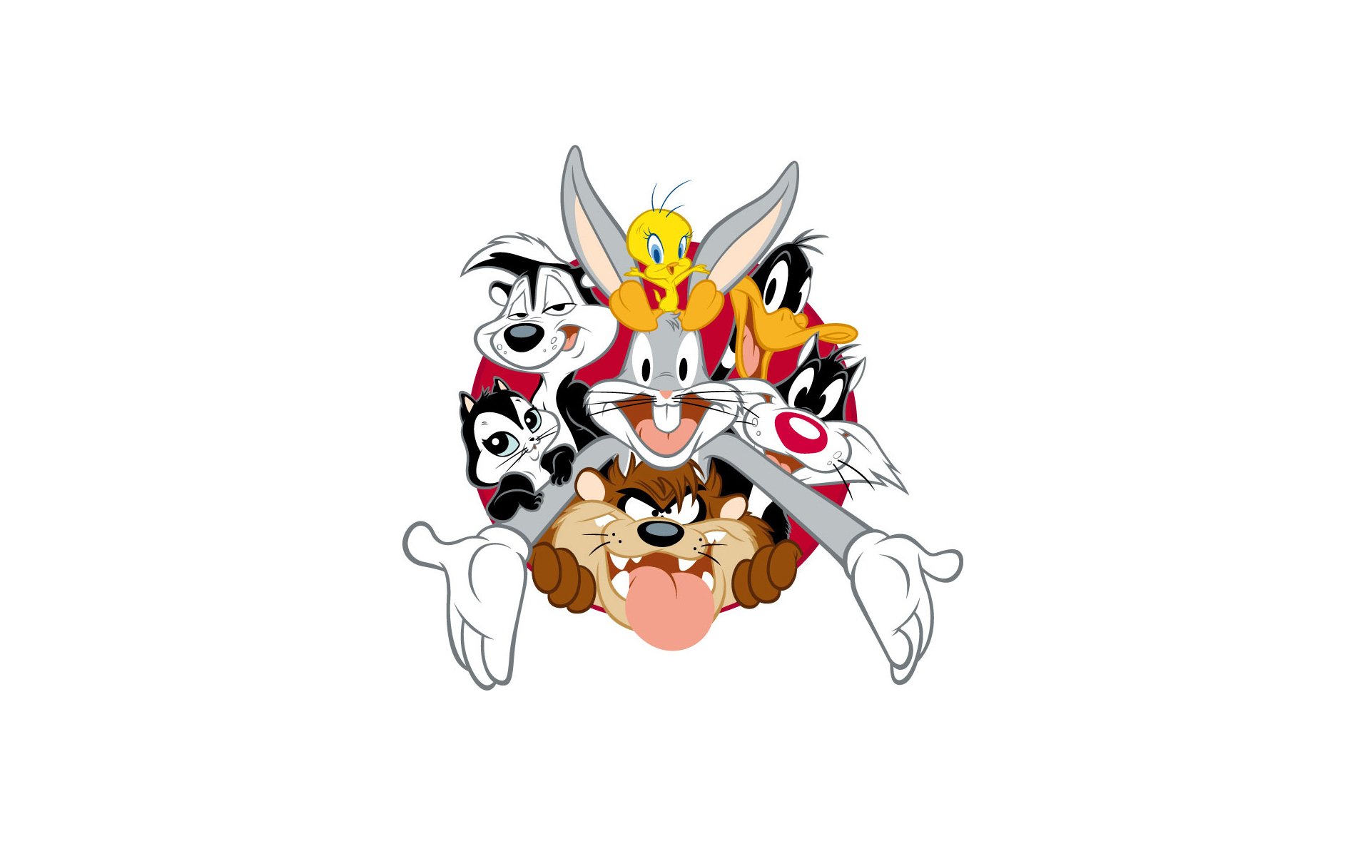 looney tunes zwariowane melodie looney tunes królik bugs kaczor daffy kot sylvester diabeł tasmański miednica białe tło minimalizm