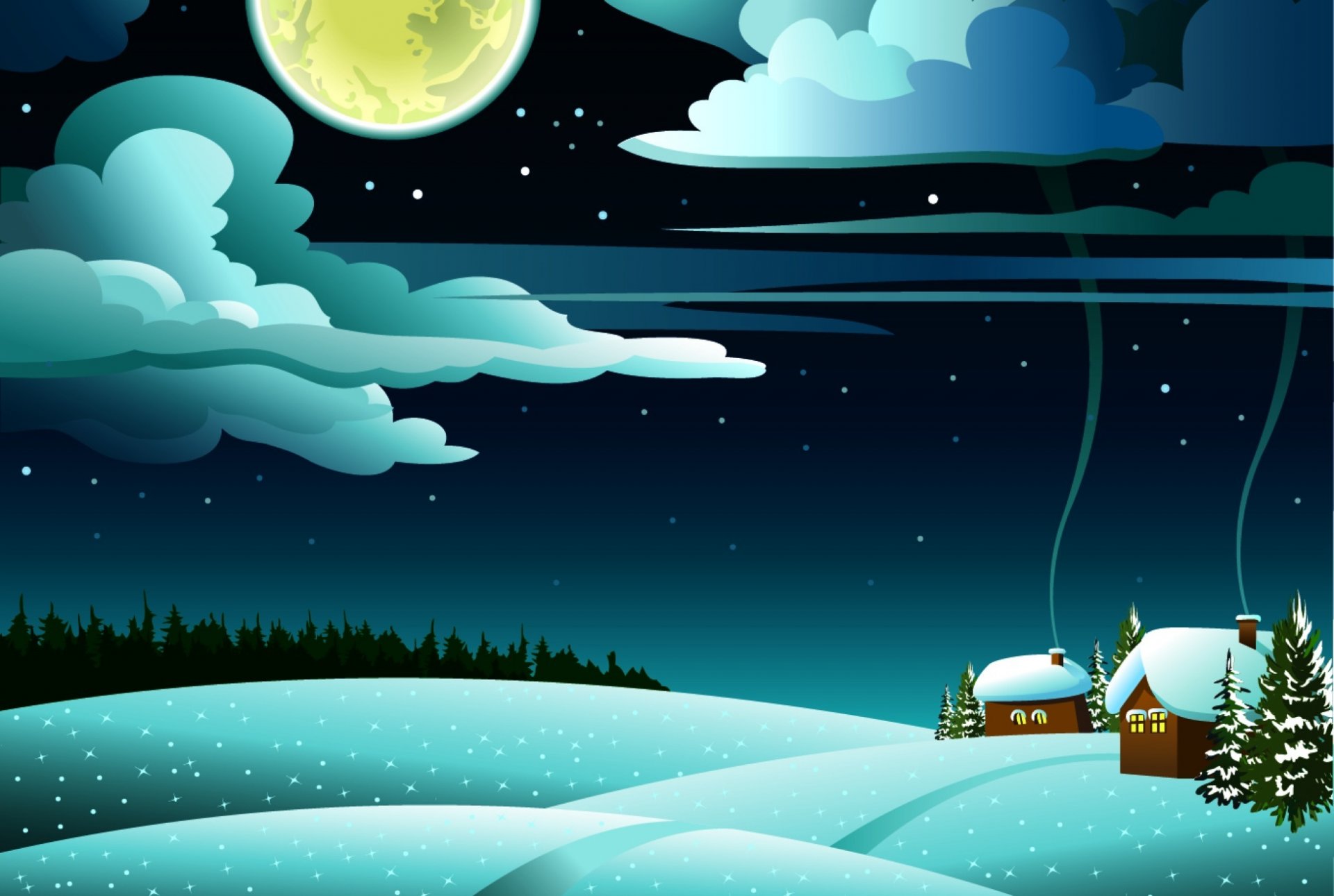 landscape hills forest houses snow smoke full moon cloud