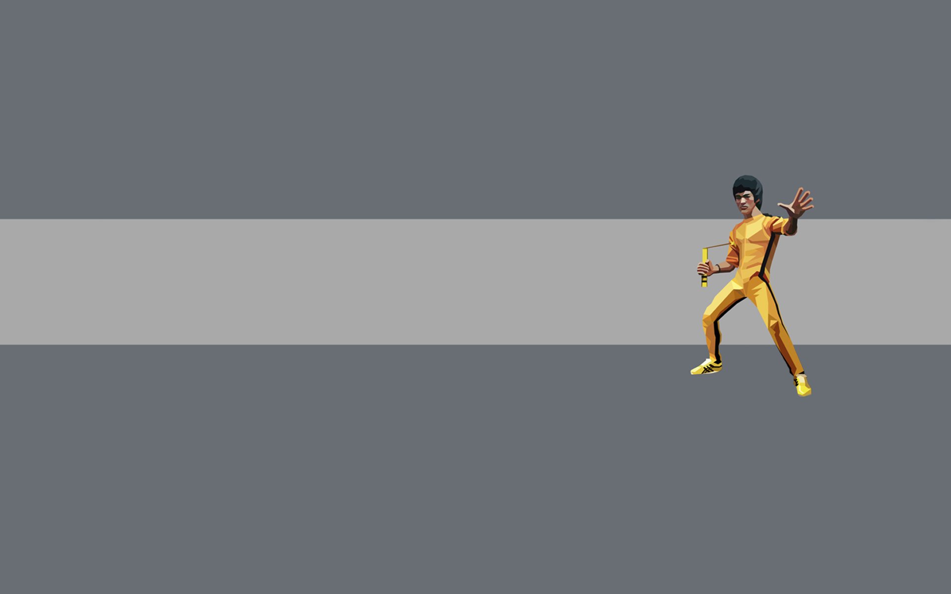 bruce lee kung fu nunchakus grauer hintergrund streifen gelb mann minimalismus