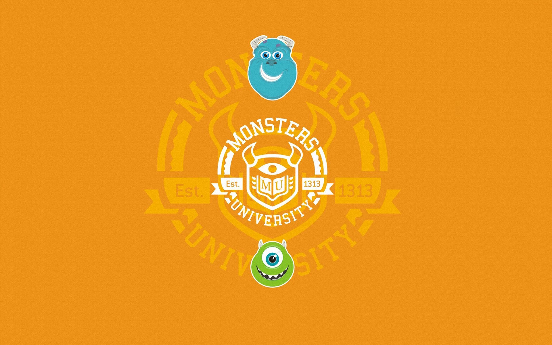 monsters university monsters corporation monsters inc circle inscription faces blue green orange background minimalism