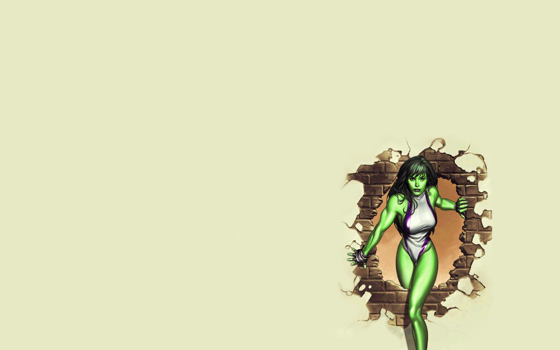 chica pared ladrillo agujero verde esposa de hulk hulk marvel cómic minimalismo mujer hulk ella es hulk