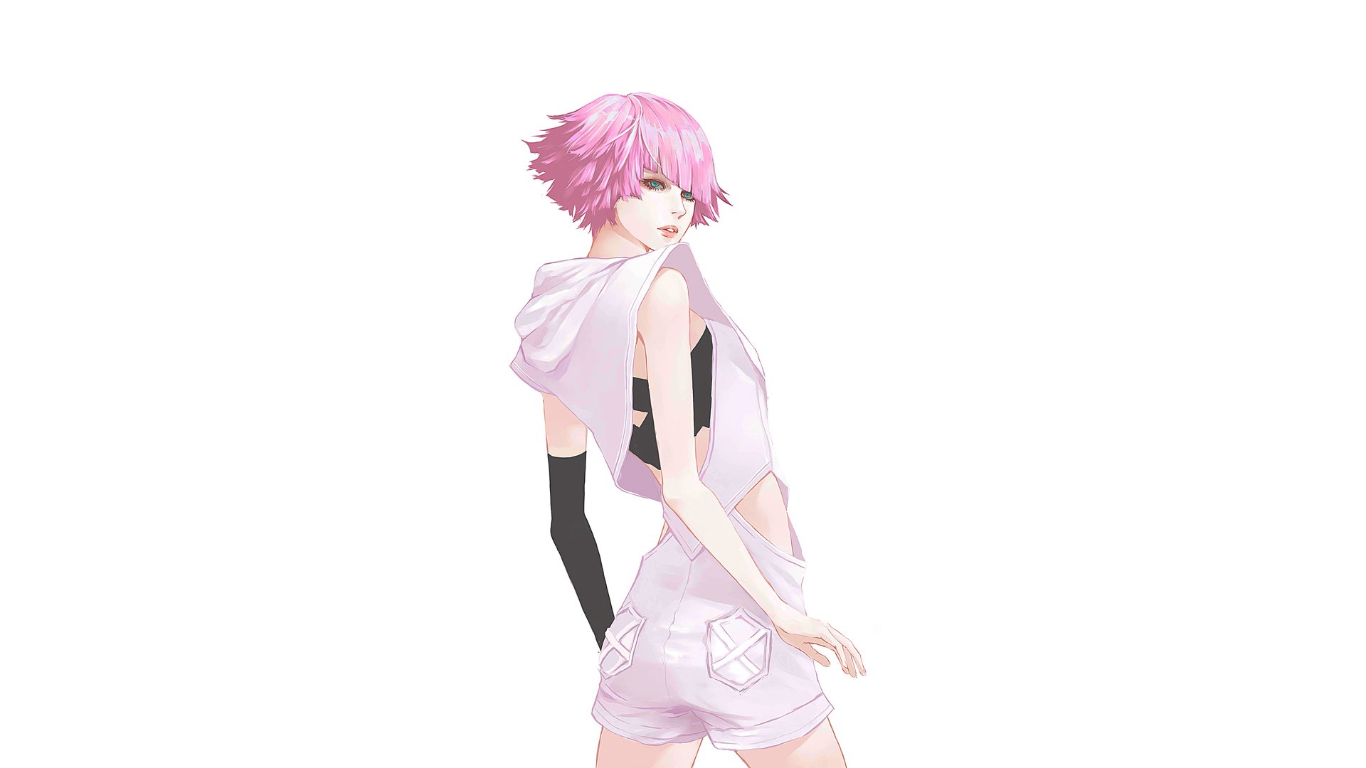 girl overall short hair pink hair turned