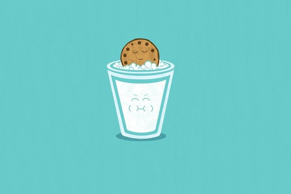 Biscuits dans un verre de lait sur fond bleu