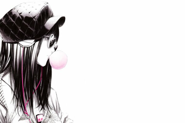 Art drawing of a girl in a cap, headphones and with gum