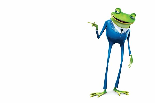 Grenouille en costume bleu et cravate sur fond clair minimalisme