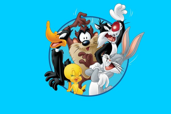 Personajes de dibujos animados: pato, perro, gato, conejo, patito