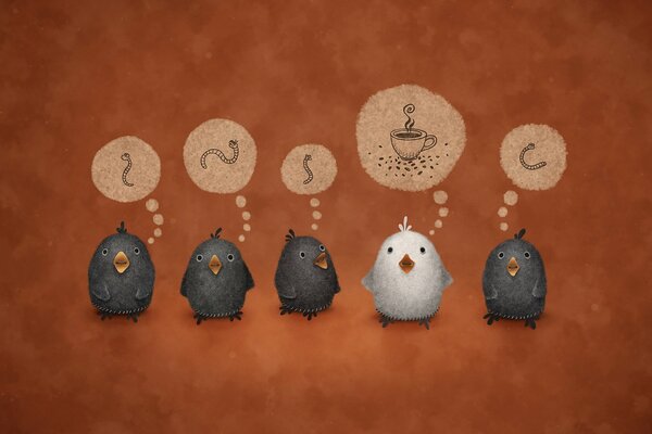 Five birds and their thoughts. A white crow dreaming of coffee