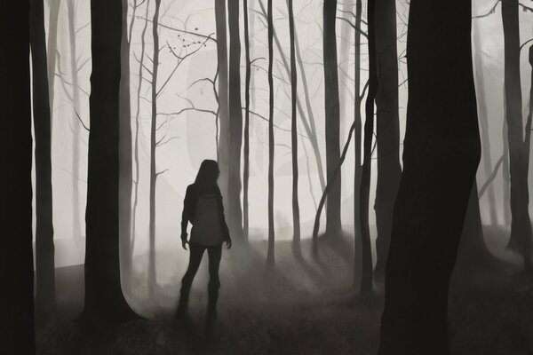 In the forest, the silhouette of a girl by the trees