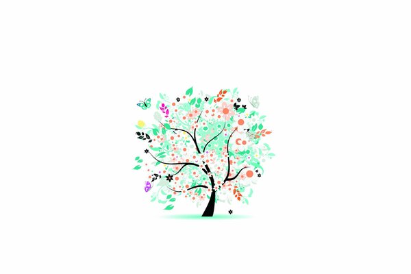 Drawing of a tree with flowers and butterflies