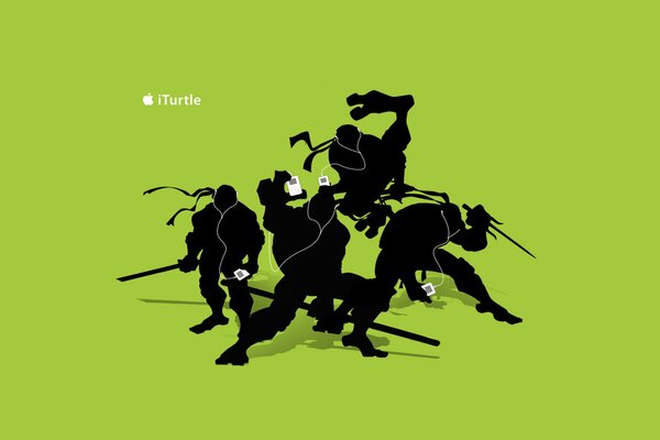 Silhouette of teenage mutant ninja turtles on a light green background
