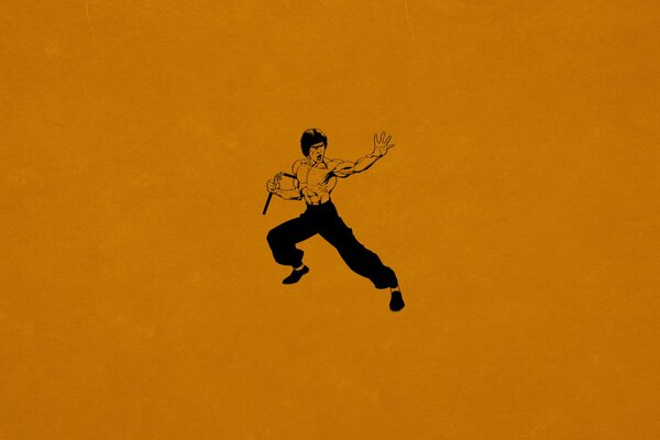 Bruce Lee kung fu on an orange background minimalism