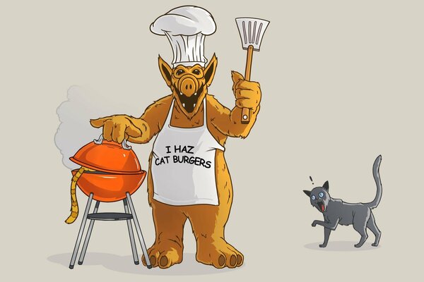 Alf cooking a burger from cats