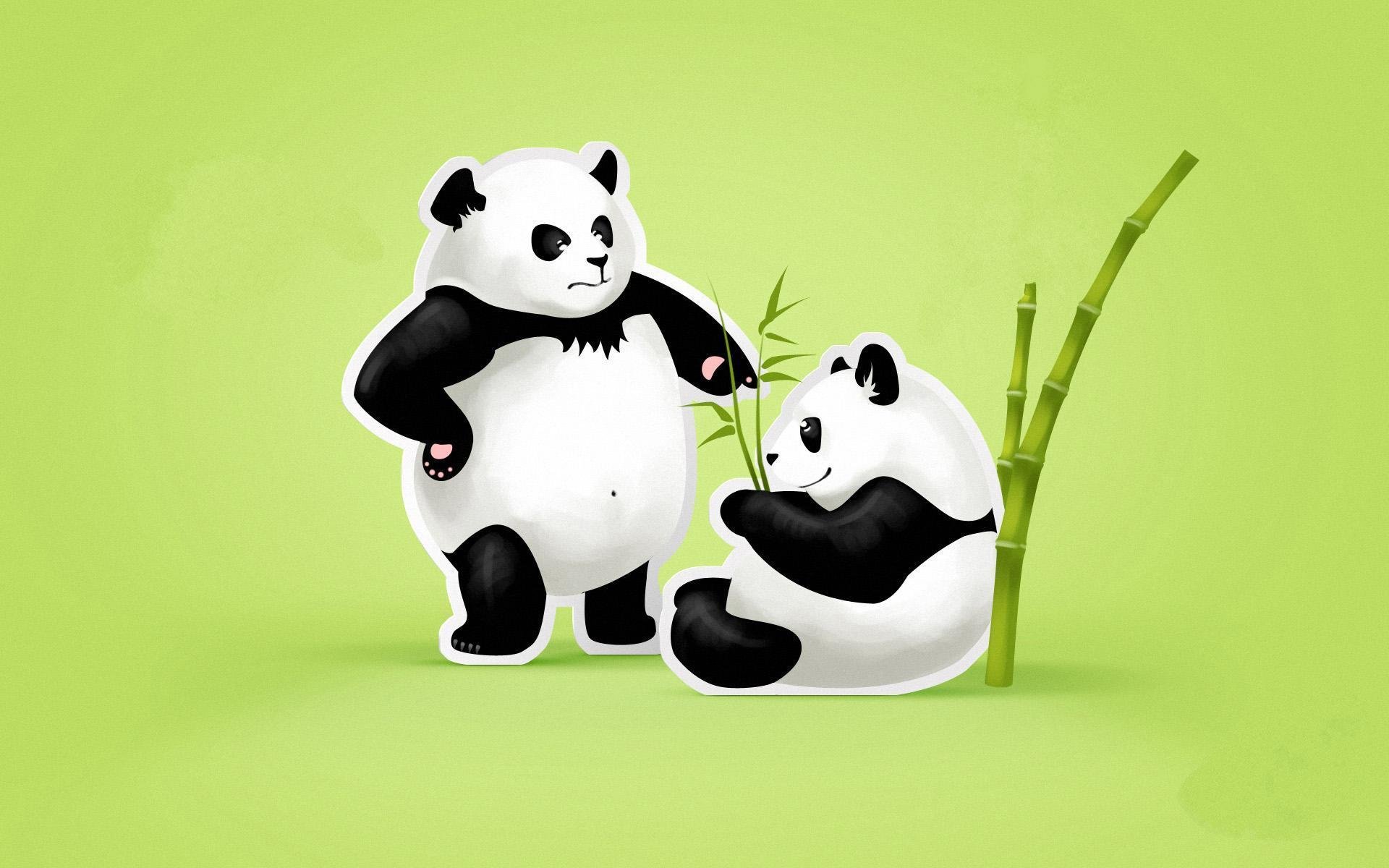 panda couple bambou feuilles fond vert