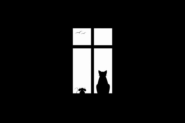 Black silhouettes of a cat and a mouse on a white window background