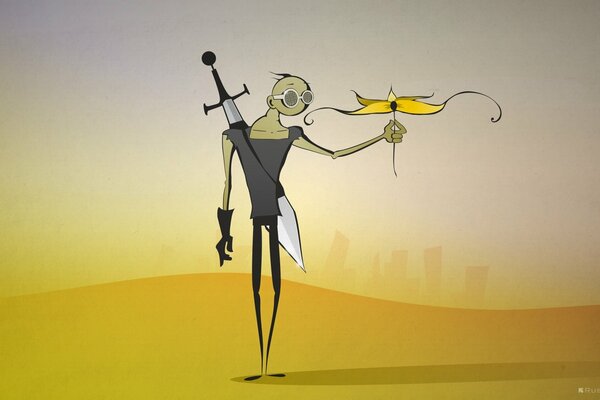 Фигура человека в очках в пустыне с мечем и цветком