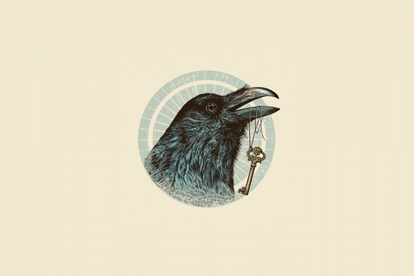 Минималистичное изображение ворона с ключом в клюве