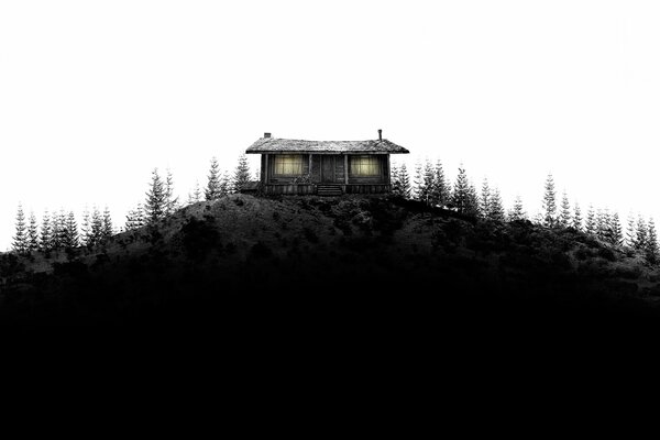 A hut at the edge of the forest. Combination of black and white on the background