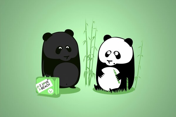Panda nero con valigia accanto al bianco