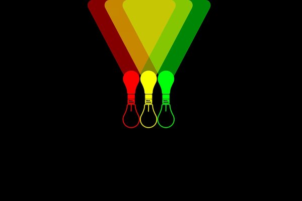 There are three green yellow and red light bulbs on a black background